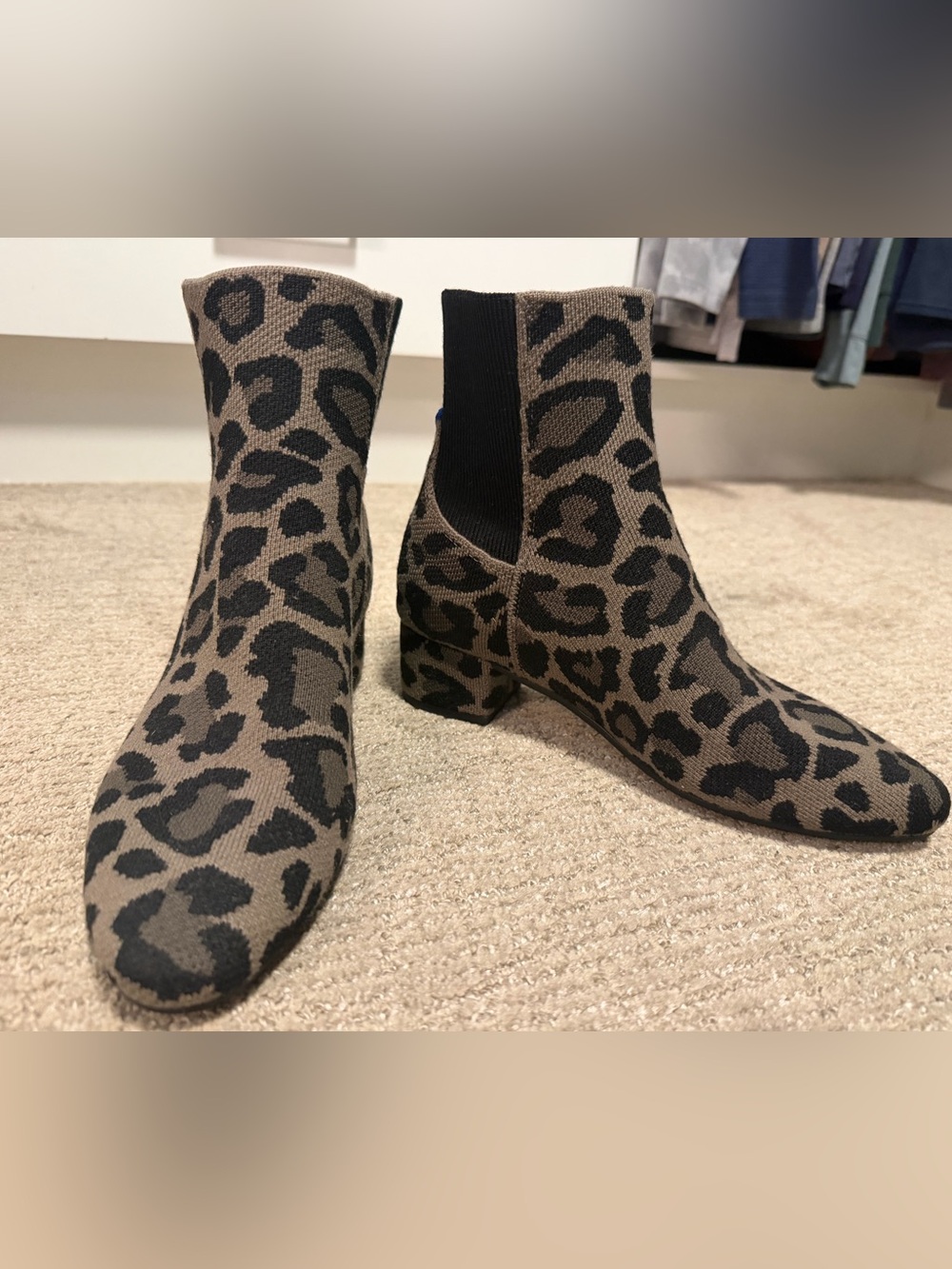 Rothy's Leopard Print Stretch-Knit Ankle Boots - Brown/Black
